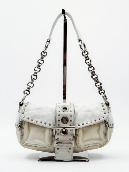 Prada Handbags - Prada White Leather Studded Chain Shoulder Bag Vintage Y2K Buckle Flap
